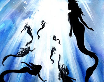 Shadows of the Deep, Original 11x14 Acrylic Mermaid Fantasy Art Painting by Shawn Langley