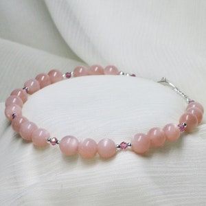 Peach Moonstone / Rhodolite Garnet / Sterling Silver Gemstone Bracelet, Genuine Natural Gemstone, Lobster Claw Clasp, 7&quot; Fit, 7-3/4&quot; Length