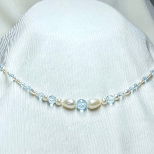 Freshwater Pearl / Sky Blue Topaz / Sterling Silver Necklace, Natural Gemstone, Wedding, Bridal, Lobster Claw, Extender, Adjustable 17"-18"