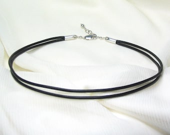 CUSTOM MADE Naturally-Dyed Black Leather/Sterling Silver Two-Strand Choker, Made To Order, Double-Wrap-Look, Lobster Claw Clasp, Adjustable