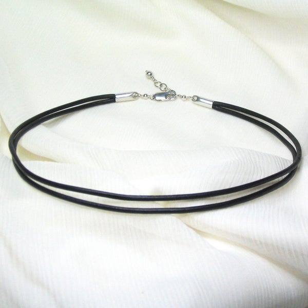 CUSTOM MADE Naturally-Dyed Black Leather/Sterling Silver Two-Strand Choker, Made To Order, Double-Wrap-Look, Lobster Claw Clasp, Adjustable