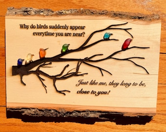 Customizable Live Edge Wood Panel, Laser Engraved Branch with Bird Stones