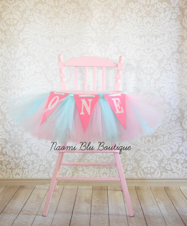 Carnival Pink Aqua Blue Cotton Candy High Chair Tutu For Birthday Party Decoration Tulle Table Skirt Chair Tutu Cake Smash First 1st