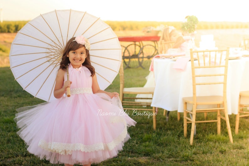 Flower Girl Wedding Naomi Blu High Neck Flower Girl Tutu Dress in Pink with Lace Trim