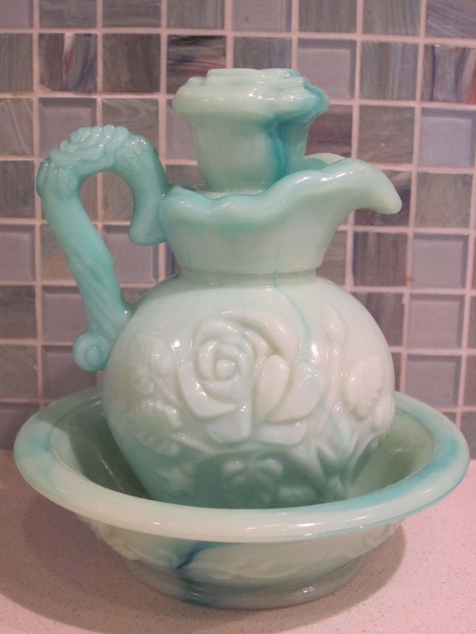 Vintage green blue Avon bottle / bud vase / pitcher set w/ Etsy