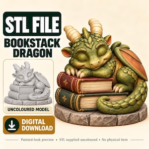 Bookstack Dragon 3D Print File, Sleeping Fantasy Figurine (STL Download)