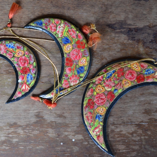 Set of 3 crescent moons Kashmiri painted folk hangings floral celestial hand painted window wall or Christmas decoration