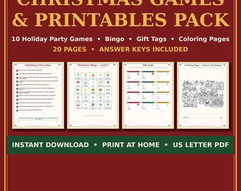 May include: A digital pack of Christmas games and printables featuring the text CHRISTMAS GAMES & PRINTABLES PACK. Includes 10 holiday party games, bingo, gift tags, and coloring pages across 20 pages with answer keys included.