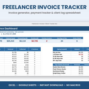 Factuursjabloon voor freelancers en klantentracker, factuurgenerator, betalingstracker, logboek met achterstallige facturen, inkomstenoverzicht