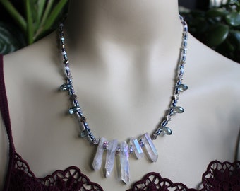 Morana - Handcrafted avante garde goddess statement beaded necklace with angel titanium aura crystals