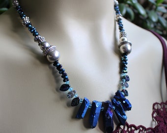 Amphitrite - Handcrafted avante garde goddess statement beaded necklace with blue titanium aura crystals