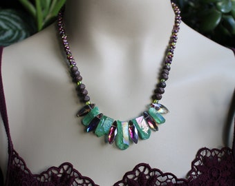 Aurora - Handcrafted avante garde goddess statement beaded necklace with green titanium aura crystals