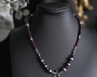 Handmade Beaded Siren Necklace • Freshwater Black Pearls, Abalone Shell, Garnet & Amethyst Beads