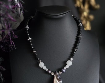 Handmade Beaded Siren Necklace • Abalone Shell, Obsidian, Rose Quartz & Black Pearl