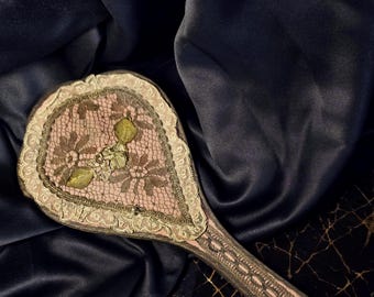 Antique Edwardian French Boudoir Embroidery Hand Mirror