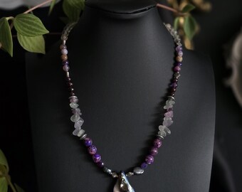 Handmade Beaded Siren Necklace • Black Pearls, Abalone Shell, Amethyst, Fluorite & Pink Tourmaline