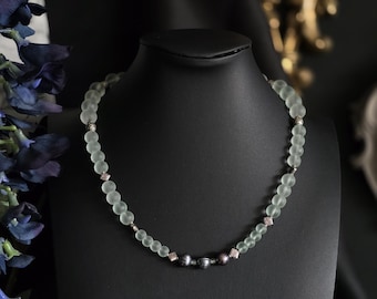 Handmade Beaded Siren Necklace • Frosted Sea-Glass & Black Pearls