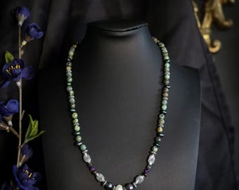 Handmade Beaded Siren Necklace • White Pearls, Black Pearls, Green Pearls, Kambaba Jasper, Purple Phosphosiderite
