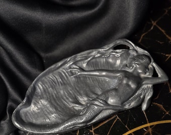 Antique Art Nouveau Siren Mermaid Pewter Trinket Dish Tray Circa 1900