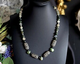 Handmade Beaded Siren Necklace • Green Smoky Quartz, Pearls & Silver Filigree