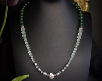 Handmade Beaded Siren Necklace • Frosted Sea-Glass, Cultured & Baroque Pearls