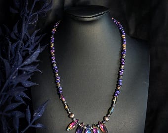 Handmade Beaded Siren Necklace • Iridescent Glass Beads, Swarovski Crystals, Black Pearls