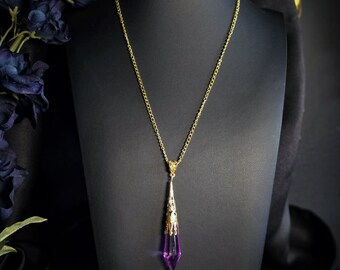 Ethereal pink & gold tone pendulum chandelier crystal glass prism necklace