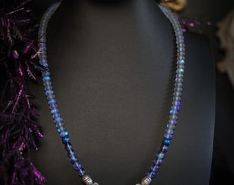 Handmade Beaded Siren Necklace • Iridescent Glass Beads, Blue Apatite, Black Pearls, Treated Cultured Pearls