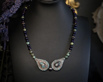 Handmade Beaded Siren Necklace • Purple beads, Turqoise, Black Pearl