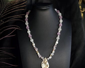 Handmade Beaded Siren Necklace • Rose Quartz, Pearls, Abalone