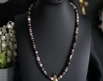 Handmade Beaded Siren Necklace • Purple Agate Beads, Black Pearls & Green Baroque Pearl