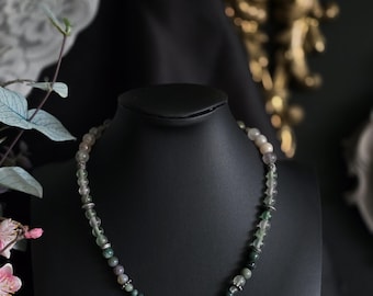 Handmade Beaded Siren Necklace • Freshwater Black Pearls, Fluorite, Jasper, Green Aventurine