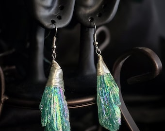 Wire-Wrapped Iridescent Aqua Green Titanium Aura Mermaid Tail Earrings