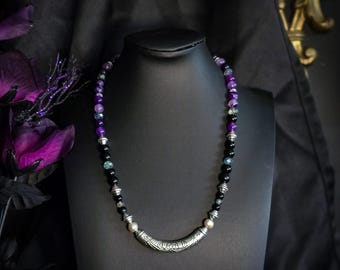 Handmade Beaded Siren Necklace • Iridescent Glass Beads, Black Obsidian, Amethyst, Pearls