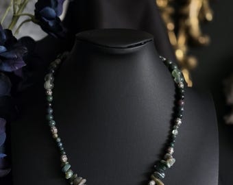Handmade Beaded Siren Necklace • Jade, Moss Agate, Fluorite, & Black Pearls Beaded Necklace