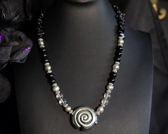 Handmade Beaded Siren Necklace • Black Obsidian, Smoky Quartz, Pearls