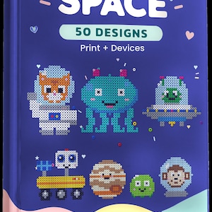 May include: A blue book cover titled SPACE 50 DESIGNS Print + Devices featuring pixel art illustrations of an astronaut cat, a teal alien, a UFO, a rover, a planet, a green creature, and a monkey in a helmet with difficulty star ratings.