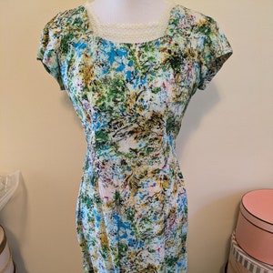 Vintage 1950s 1960s cotton floral wiggle dress, sequins, 38&quot; bust, M