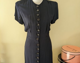 Vintage 1940s navy blue rayon dress, buttons, bows, small, 36-37" bust