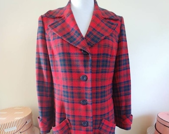 Vintage 1960s Pendleton wool plaid coat, red, navy blue, s to m