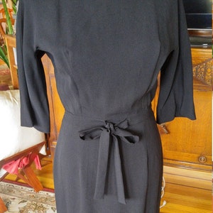 Vintage late 1950s early 1960s black rayon wiggle, cocktail dress, bow, Larry Aldrich, S to M image 1