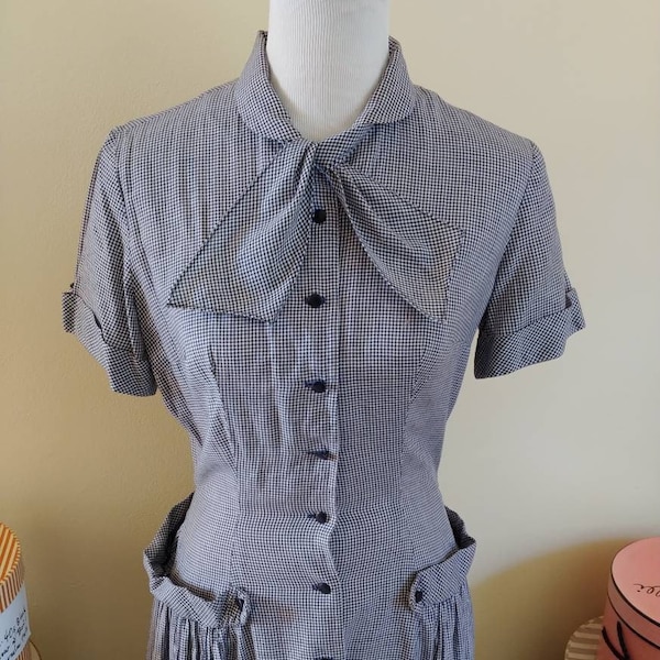 Vintage 1950s navy and white gingham shirtwaist dress, tie, button front, 28" waist