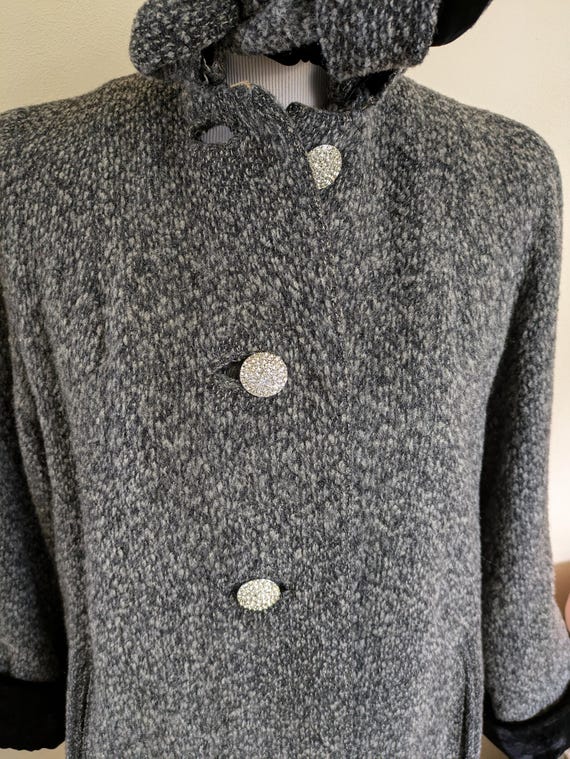 Large 1950s Swing Coat Gray Herringbone Stripe Wool Tweed Peter Pan Collar Winter Outerwear