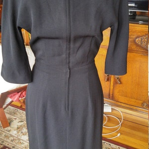 Vintage late 1950s early 1960s black rayon wiggle, cocktail dress, bow, Larry Aldrich, S to M image 3