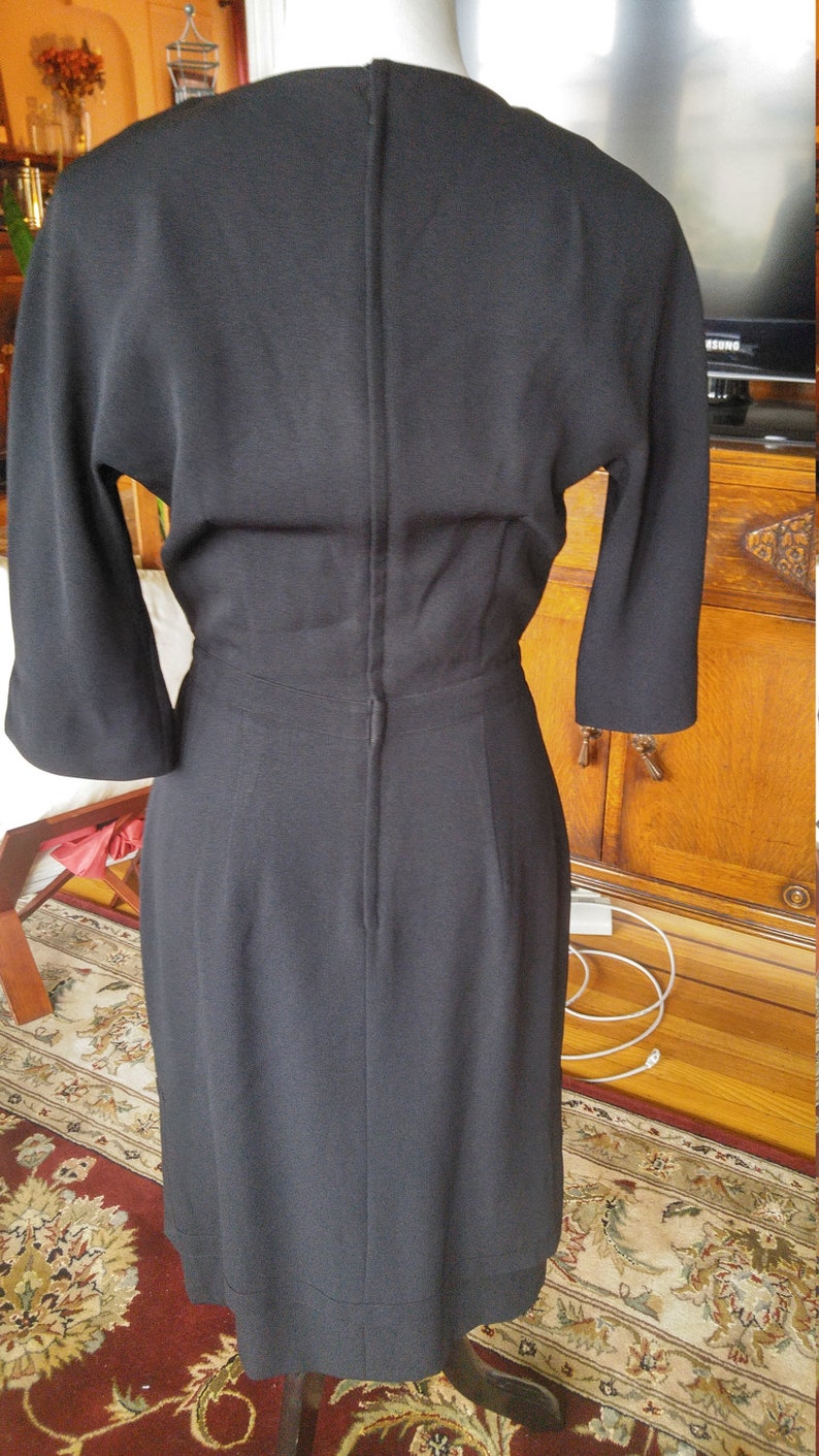 Vintage late 1950s early 1960s black rayon wiggle, cocktail dress, bow, Larry Aldrich, S to M image 3