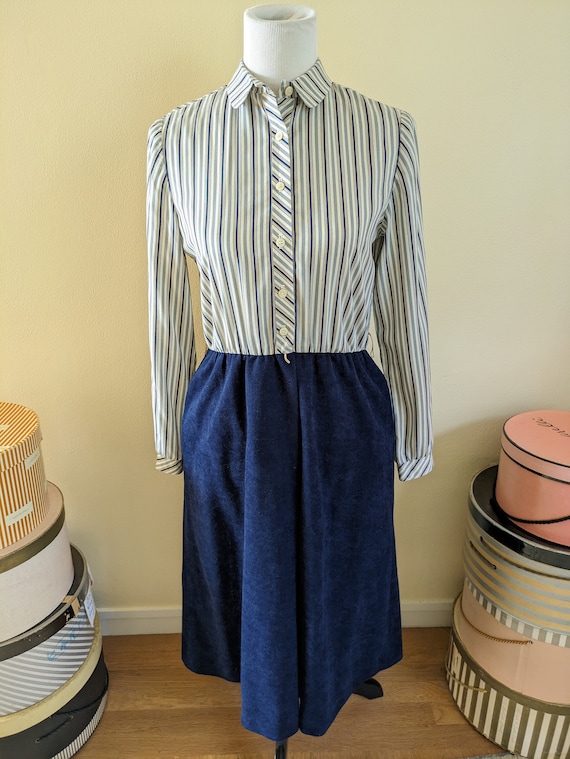 Vintage 1960s blue striped secretary dress, R&K, … - image 1
