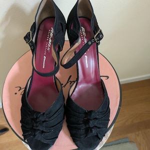 Vintage 1940s style, Re-Mix, Ritz, black suede, open toe, ankle strap, 8.5m
