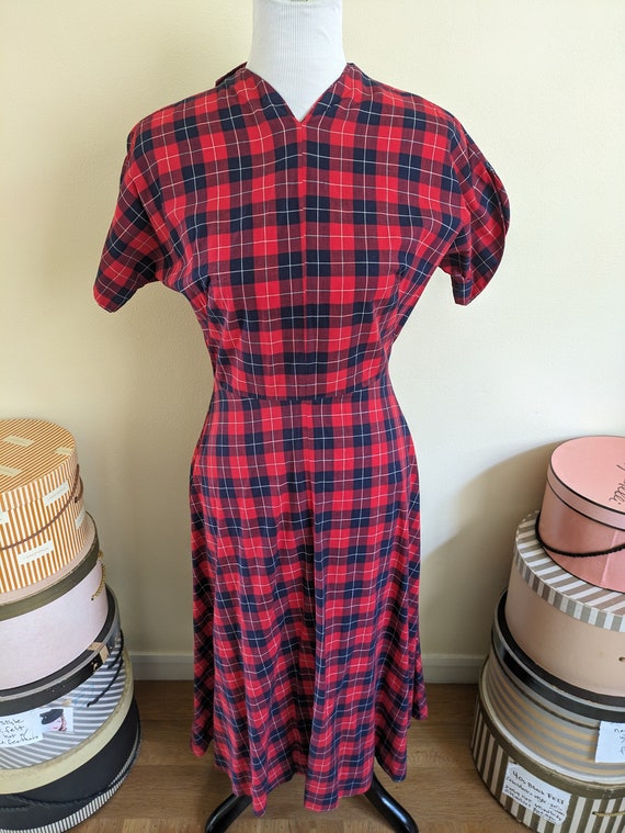 Vintage 50s cotton plaid dress, red, navy blue, 2… - image 1