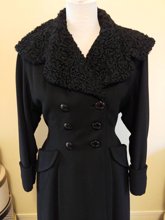 Vintage 1940s princess coat, black wool, Persian l