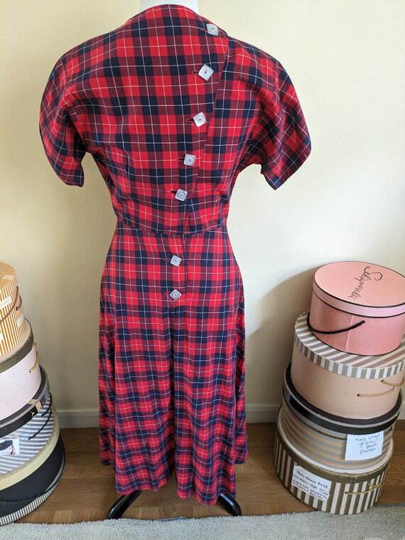 Vintage 50s cotton plaid dress, red, navy blue, 2… - image 3